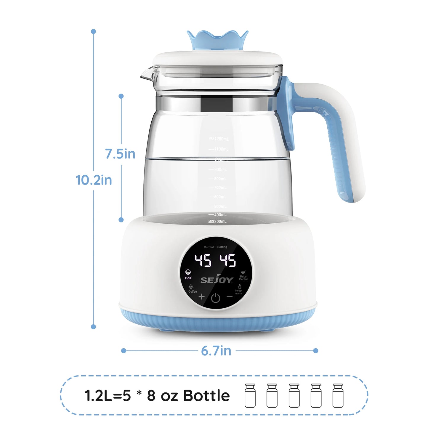 Sejoy Baby Bottle Warmer Essential – Electric Formula Kettle with LCD Display, 1.2L Capacity & Multi-Function Heating