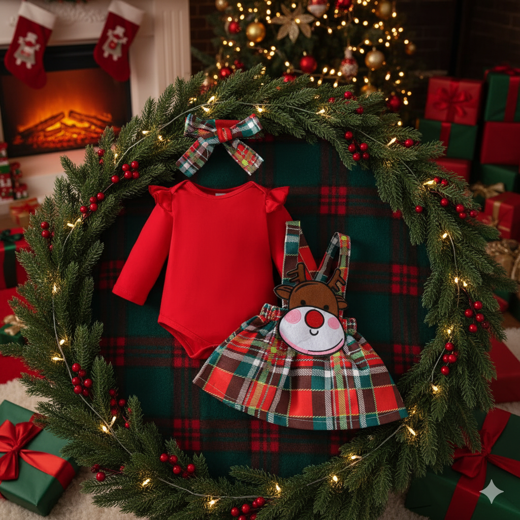 Baby girl Christmas outfit set with plaid suspender skirt, ruffle romper, and bow headband – My First Christmas dress.