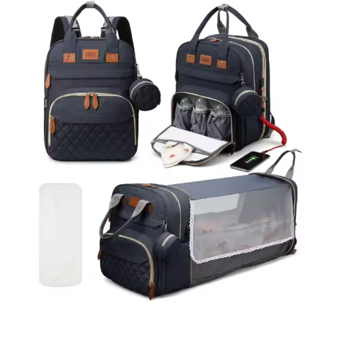 3 in 1 Diaper Bag Backpack – Foldable Baby Bed & USB Travel Bag