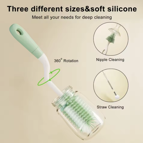 3-in-1 Silicone Baby Bottle Brush Set – Safe BPA-Free Bottle Cleaner with Nipple & Straw Brush, Long Handle, Stand & Quick-Dry Design