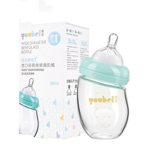 High borosilicate glass baby bottle 150ml wide neck curved design
