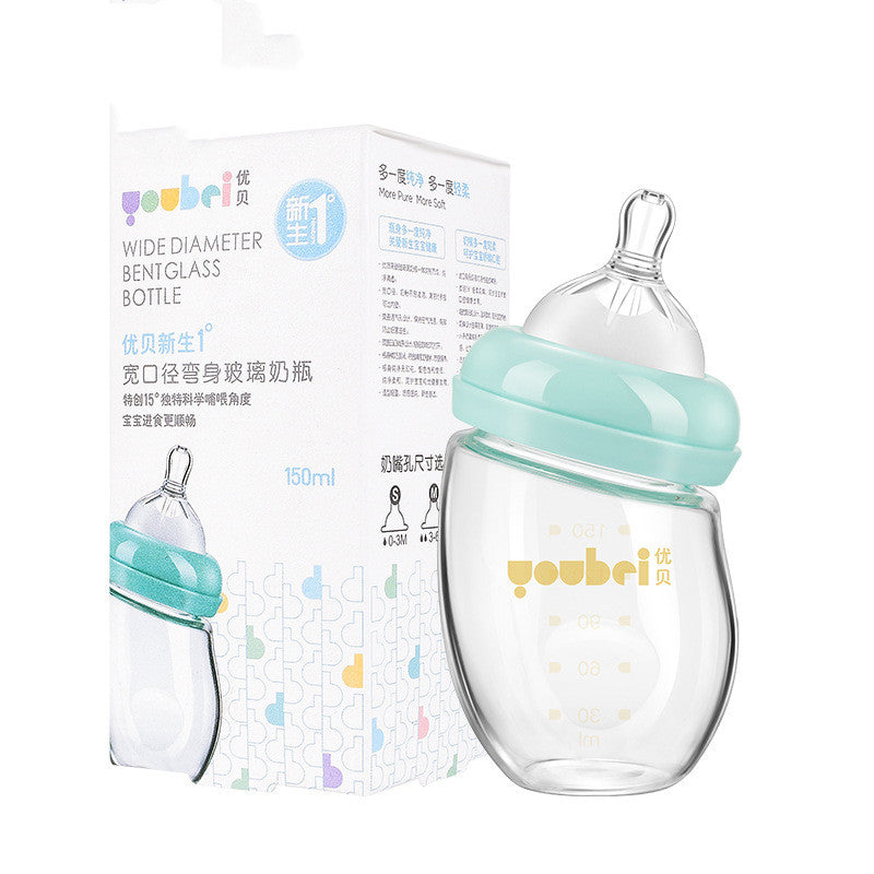 Wide caliber glass baby bottle with S size nipple included