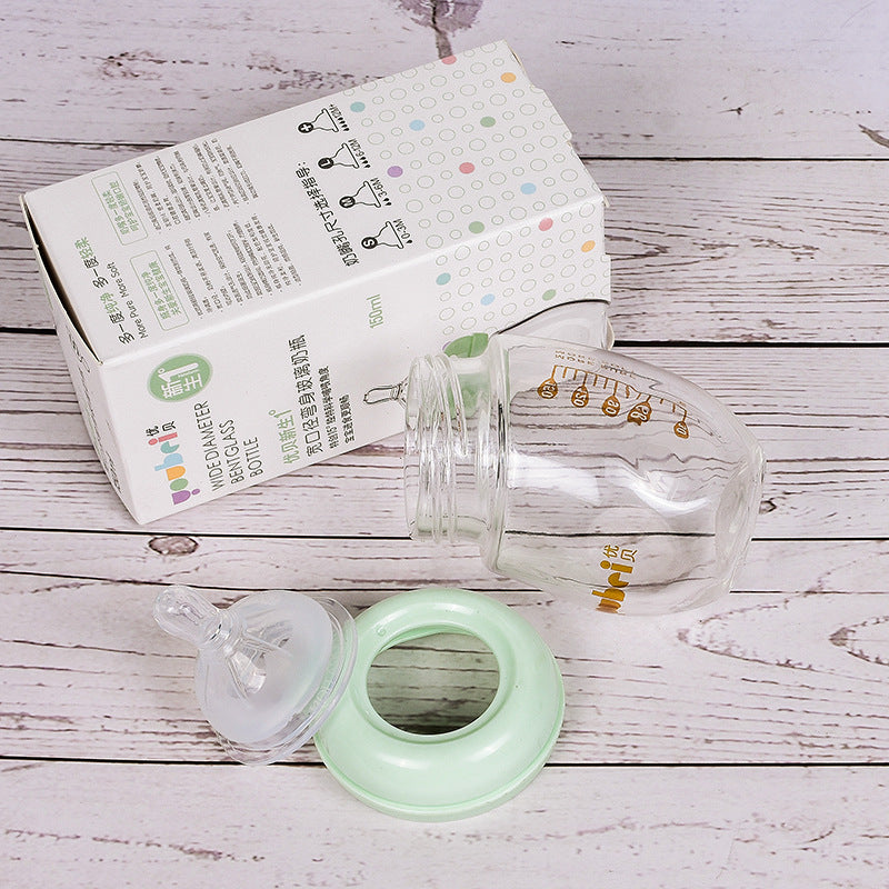 Curved high borosilicate baby bottle in pink green and blue
