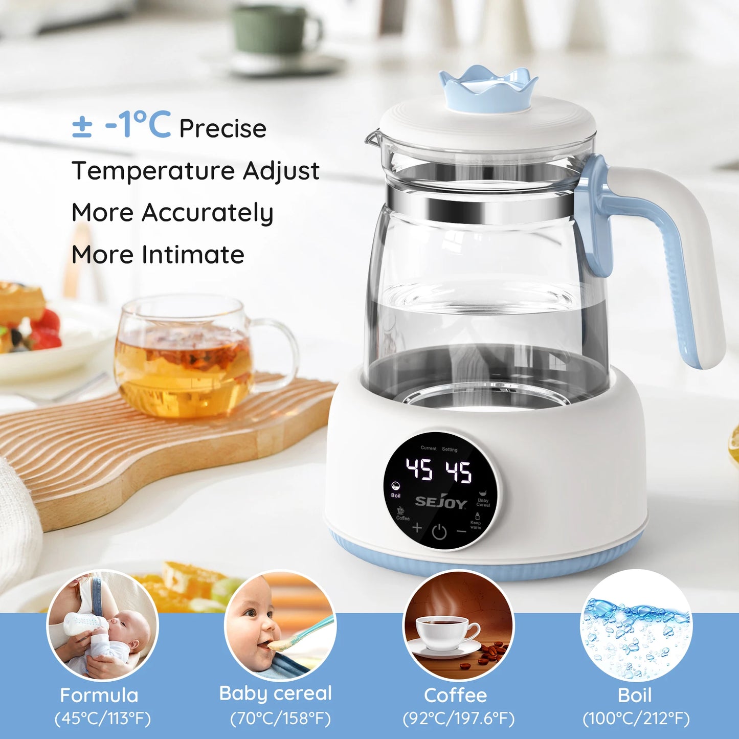 Sejoy Baby Bottle Warmer Essential – Electric Formula Kettle with LCD Display, 1.2L Capacity & Multi-Function Heating