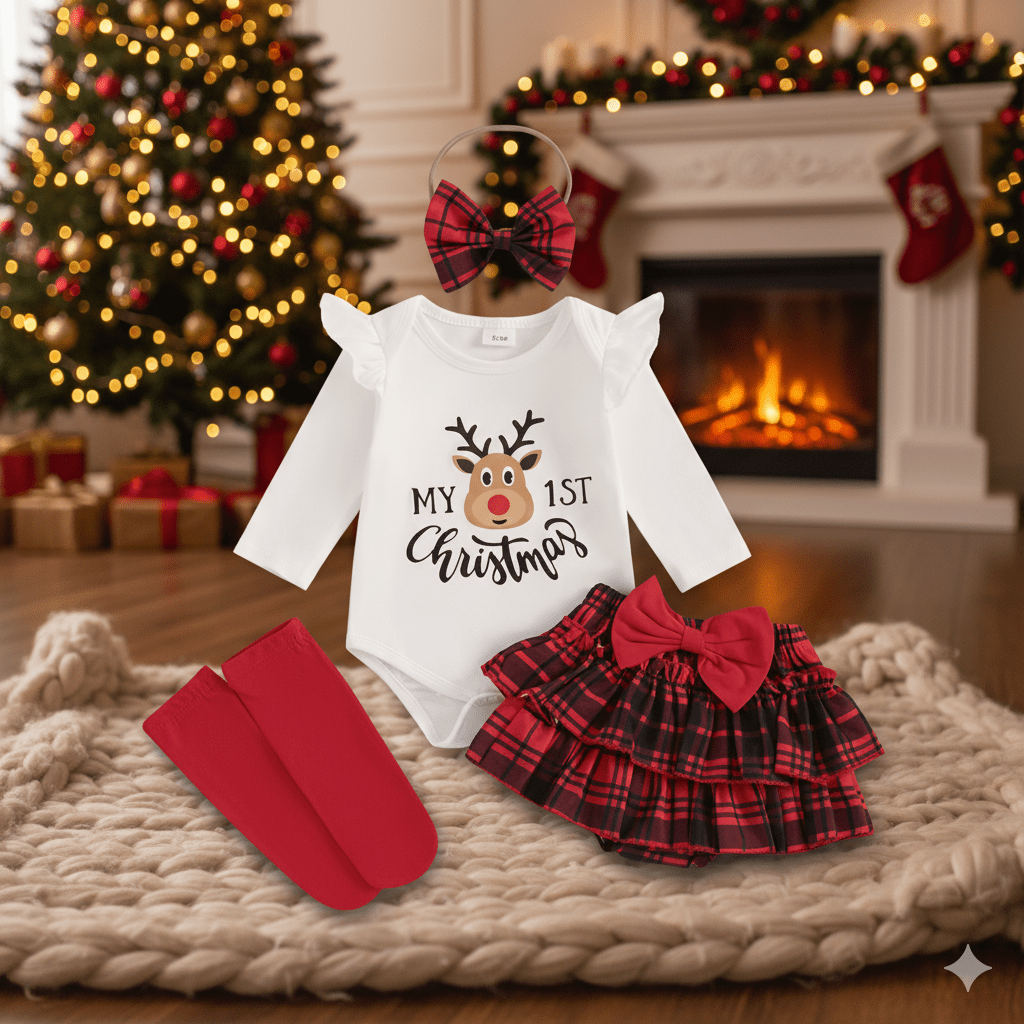 Baby Girl Christmas Outfit Set – Romper, Shorts & Headband