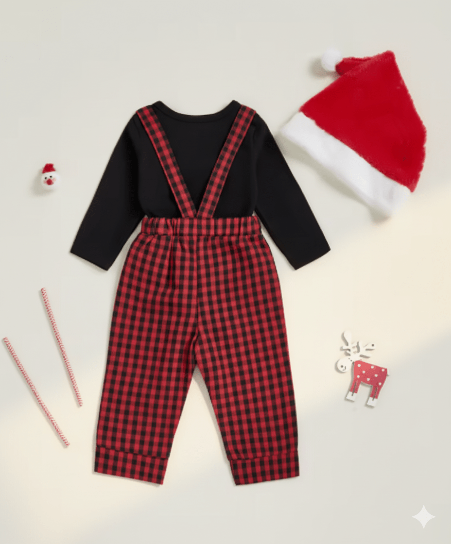 Toddler boy Christmas outfit with letter print romper, plaid suspender pants, and matching hat – 3-piece holiday set.