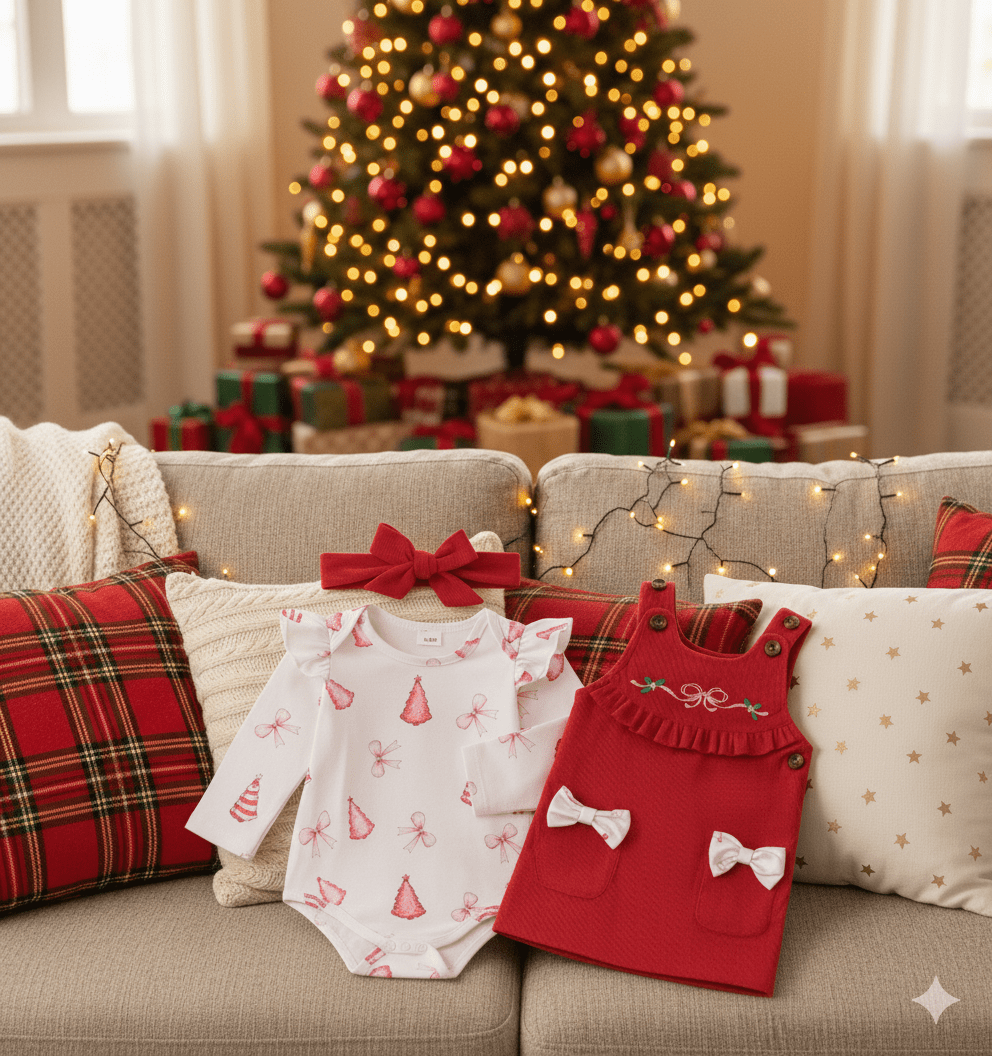 Red festive baby girl romper and dress set with Christmas tree pattern