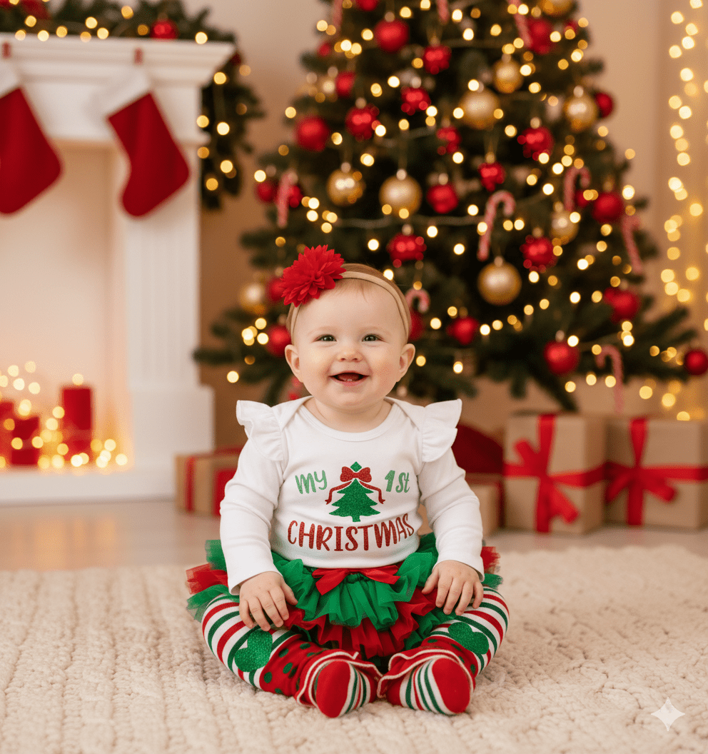 Baby girl Christmas outfit 4-piece set with glitter letter romper, red layered skort, leg warmers, and matching headband.