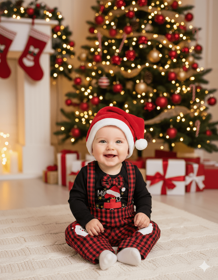 Toddler boy Christmas outfit with letter print romper, plaid suspender pants, and matching hat – 3-piece holiday set.
