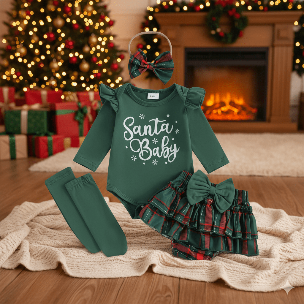 Adorable baby wearing Christmas outfit sitting near decorated tree