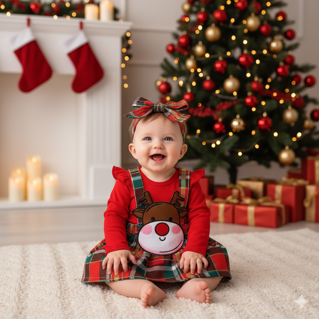 Baby girl Christmas outfit set with plaid suspender skirt, ruffle romper, and bow headband – My First Christmas dress.