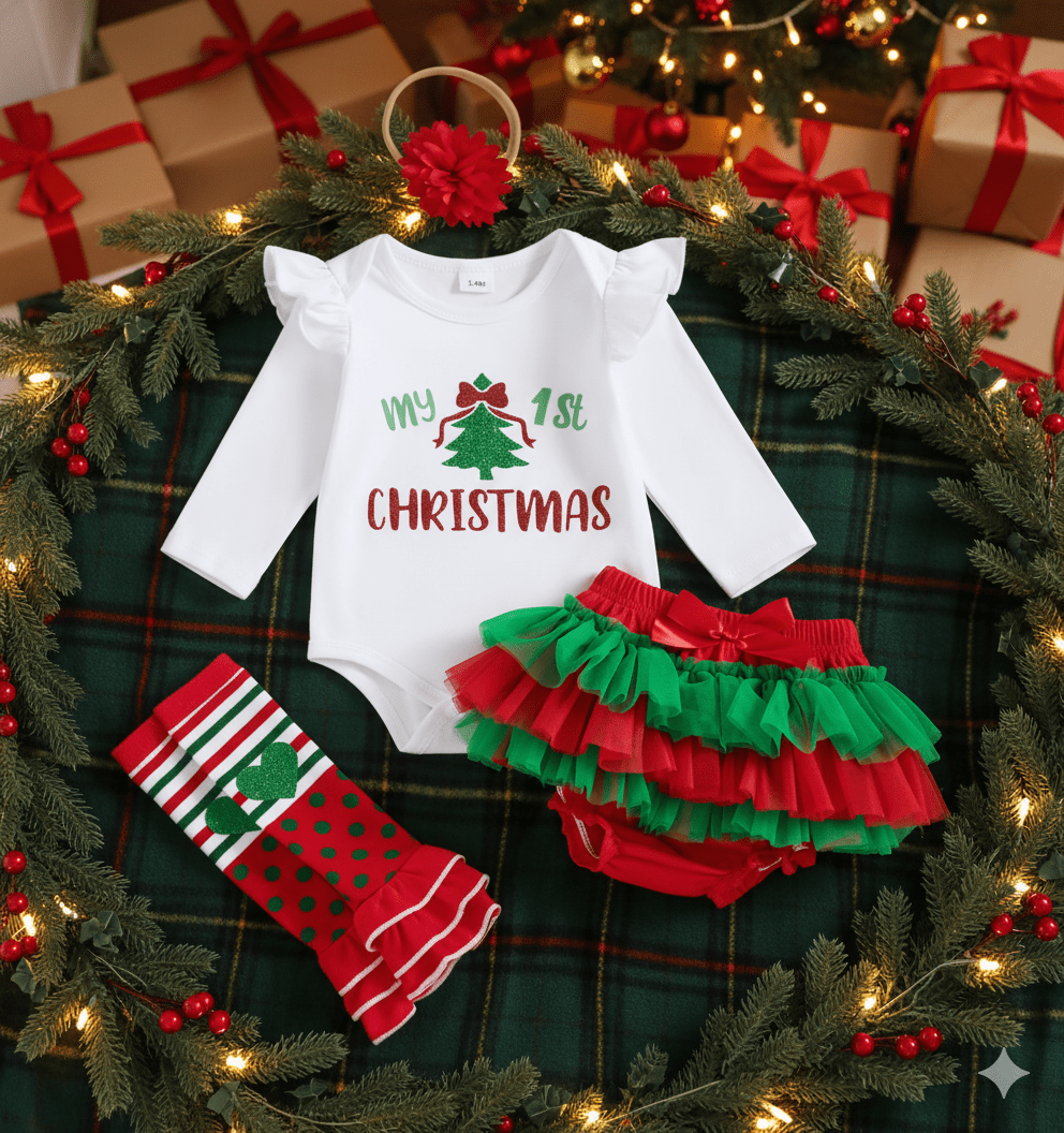 Baby girl Christmas outfit 4-piece set with glitter letter romper, red layered skort, leg warmers, and matching headband.