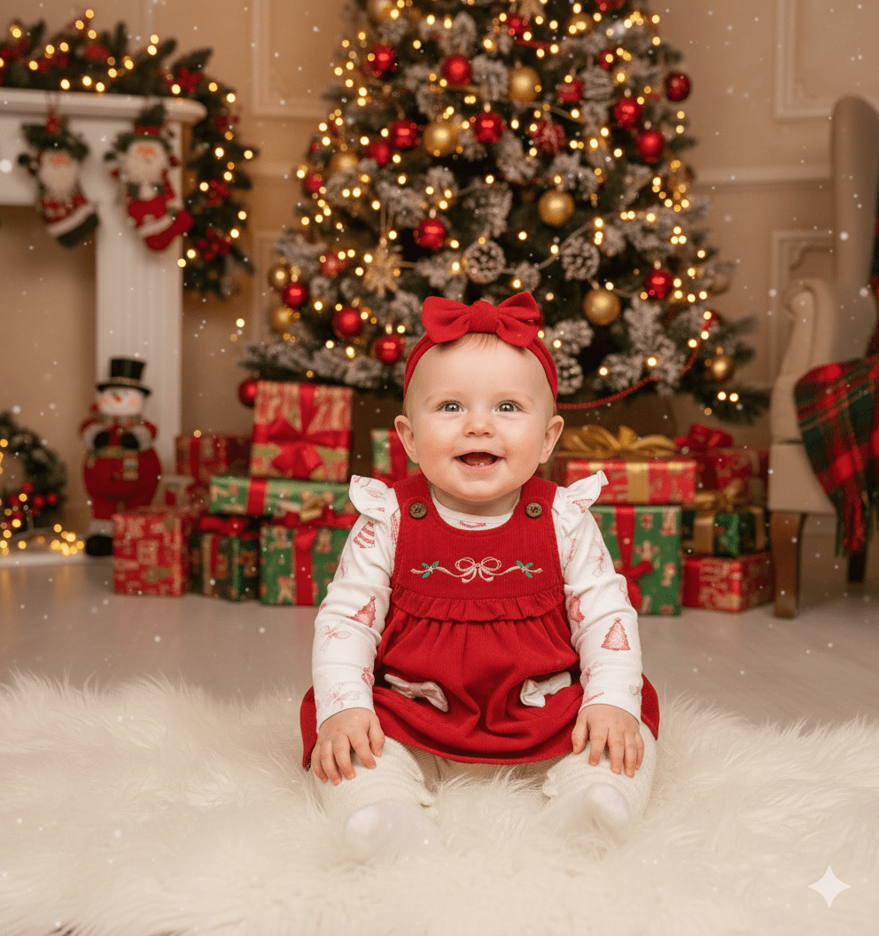 Baby girl Christmas outfit set with bow tree print dress and headband