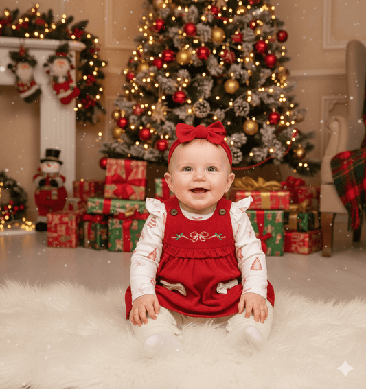 Baby girl Christmas outfit set with bow tree print dress and headband