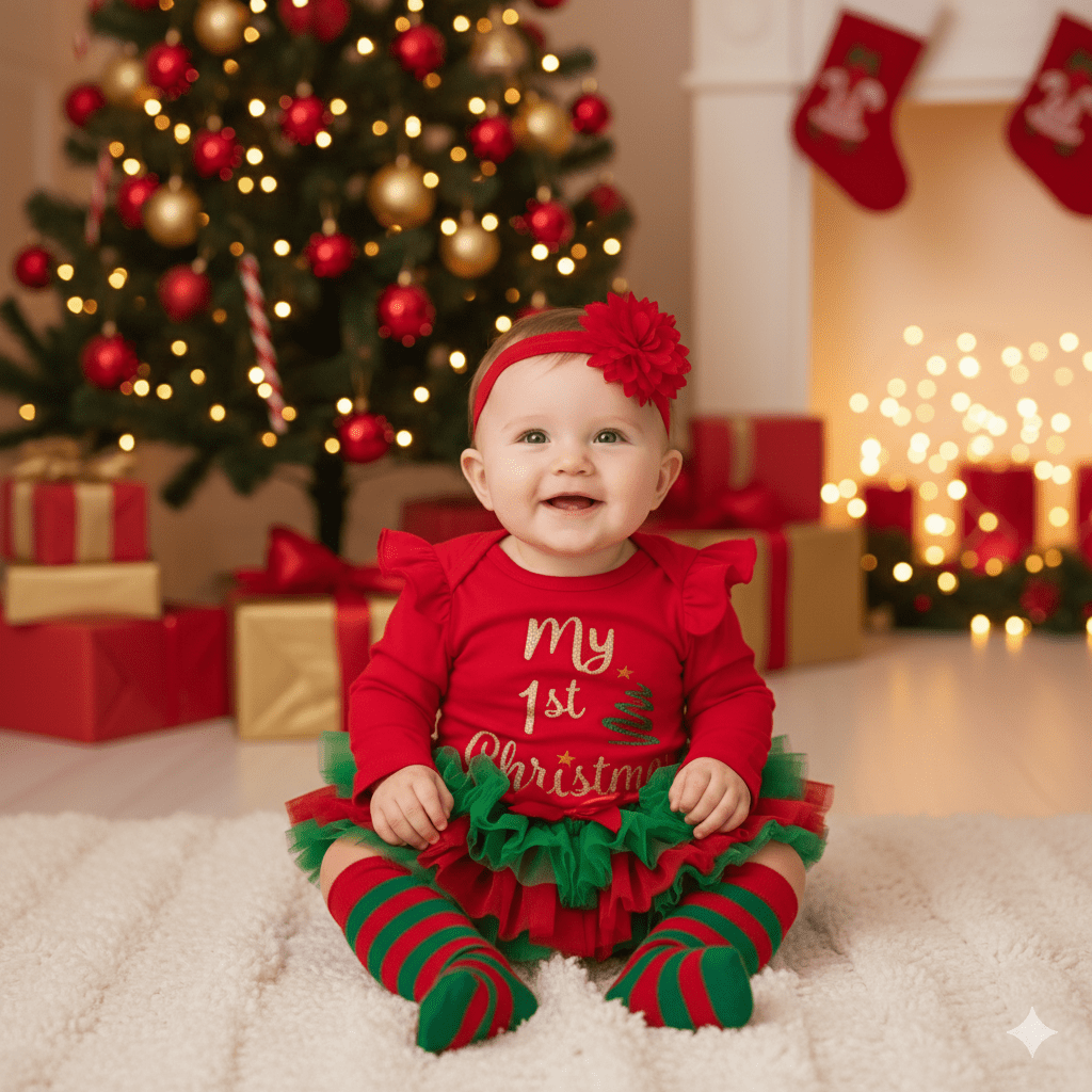 Baby girl Christmas outfit 4-piece set with glitter letter romper, red layered skort, leg warmers, and matching headband.