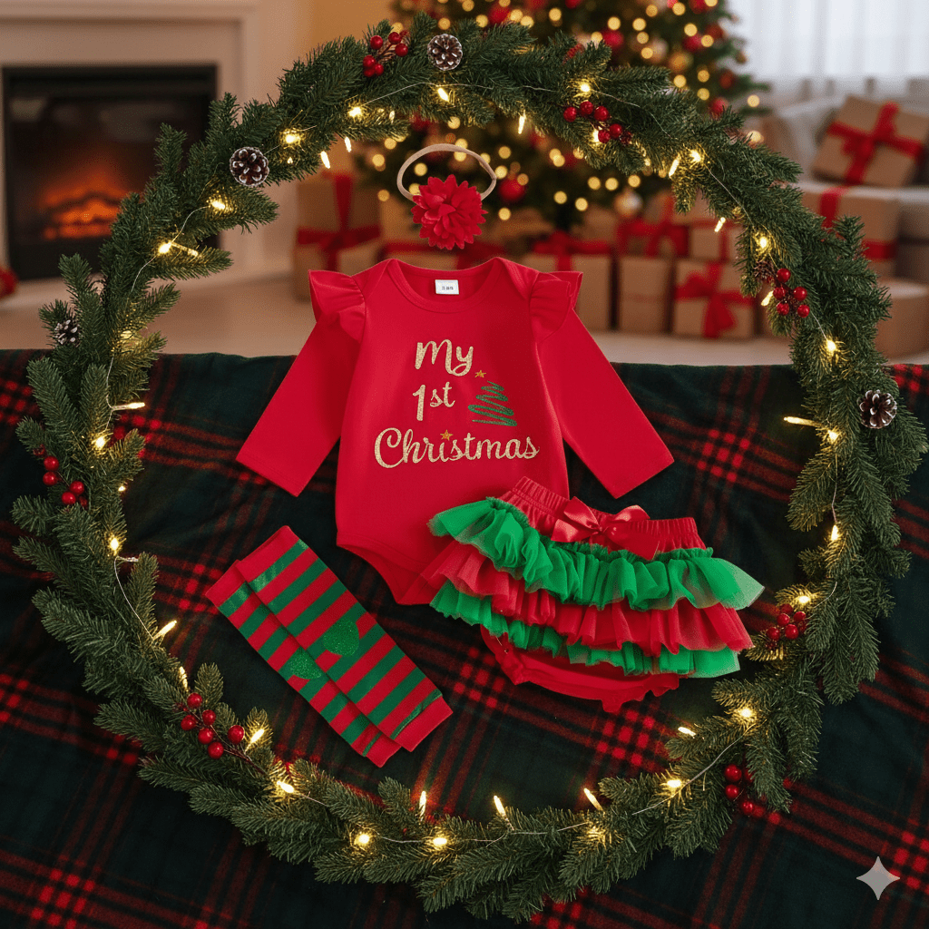 Baby girl Christmas outfit 4-piece set with glitter letter romper, red layered skort, leg warmers, and matching headband.