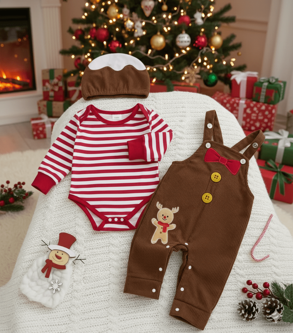Baby wearing festive Christmas outfit set with reindeer design and cozy holiday pants