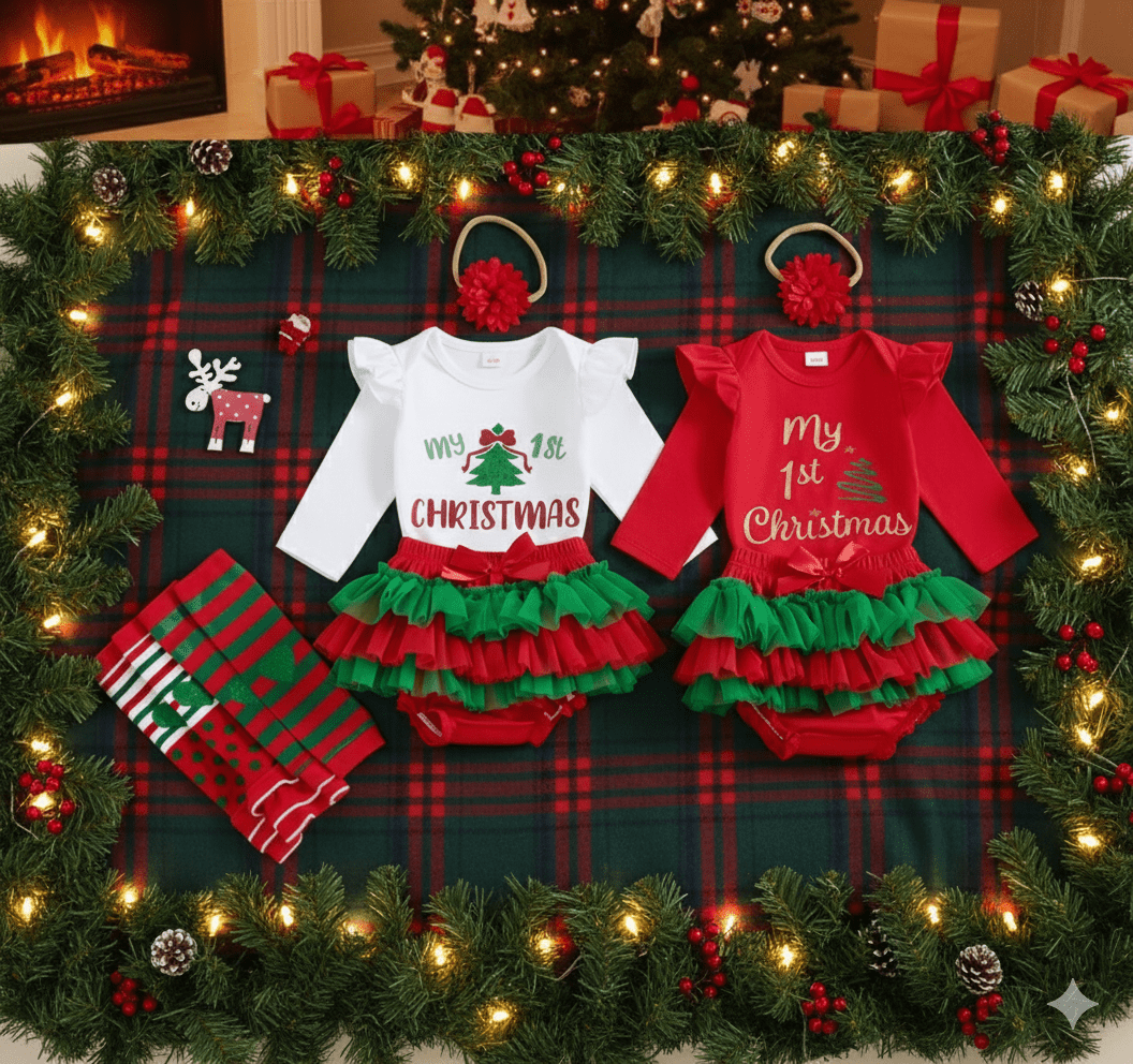 Baby girl Christmas outfit 4-piece set with glitter letter romper, red layered skort, leg warmers, and matching headband.
