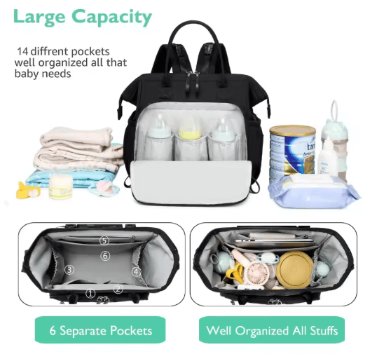 Water-resistant diaper bag with stroller buckle and wide open top