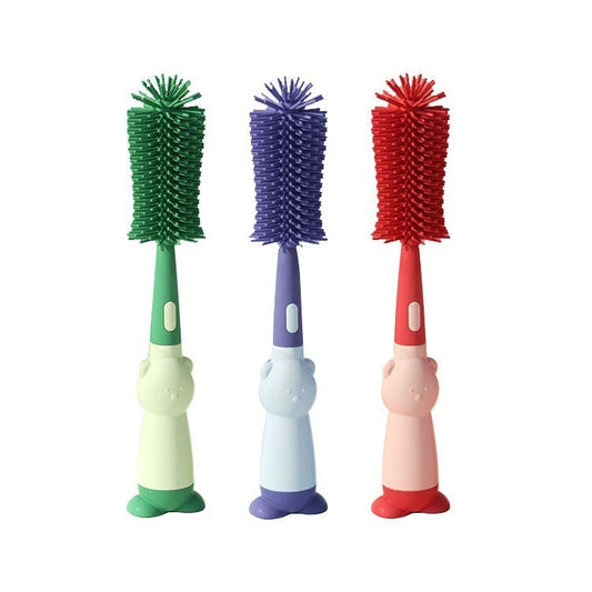 Baby bottle cleaning brush set with bear design, includes bottle, nipple and straw brushes