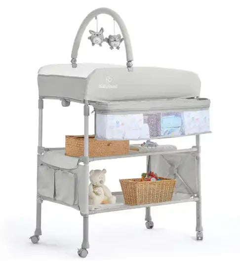 Portable Baby Diaper Changing Table – Foldable Waterproof Height Adjustable Changing Station with Storage & Wheels for Infants