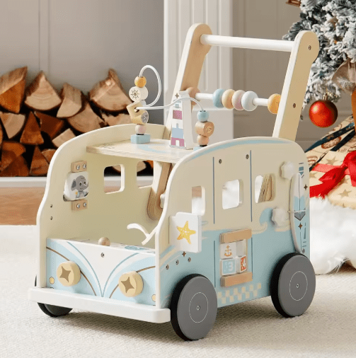 Bus-style wooden baby walker with ocean beach pattern