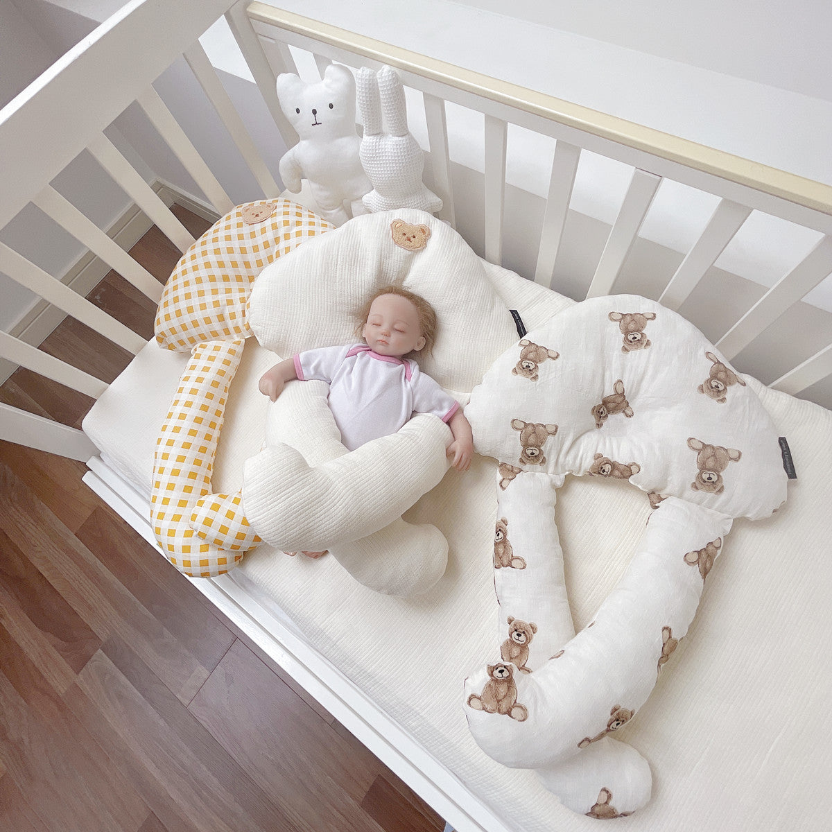 Baby soothing pillow set made of pure cotton with DuPont fiber filling, soft and breathable design for newborn comfort and safe sleep.