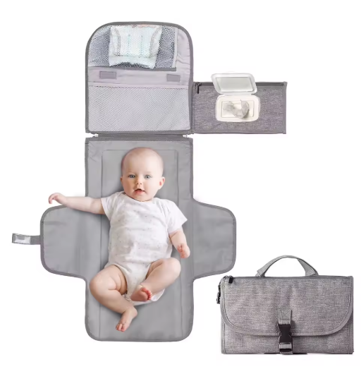 Grey waterproof portable diaper changing pad for babies, foldable travel changing mat with wipes pocket, newborn essential for moms on the go, baby shower gift.