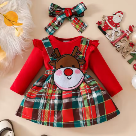 Baby girl Christmas outfit set with plaid suspender skirt, ruffle romper, and bow headband – My First Christmas dress.