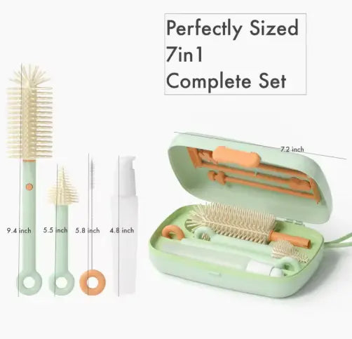 Retractable bottle brush set for baby bottles and pump parts