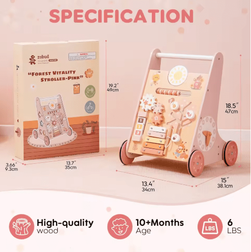 Wooden push along walker with mirror, gears, and beads