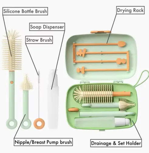 Portable baby bottle cleaner set with drying rack