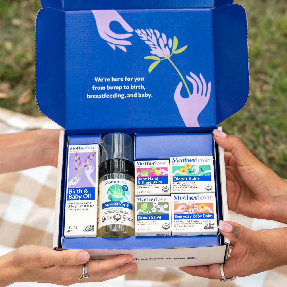 Herbal baby care set with everyday balm, green salve, and foaming castile soap