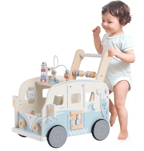 Wooden baby walker push toy with adjustable wheels and activities