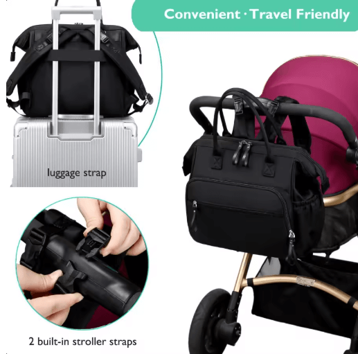 Convertible diaper bag attached to stroller for travel convenience