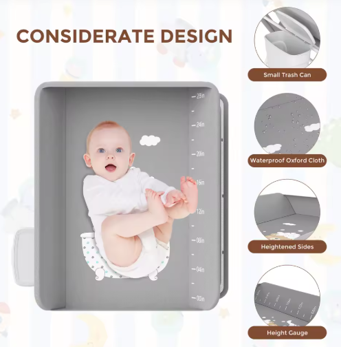 Baby changing table with shelves, removable cloth cover, and safety belt