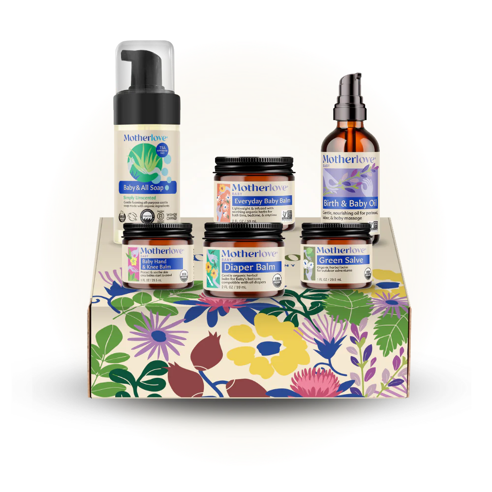 Motherlove Baby Care Gift Box with organic diaper balm, baby oil, and hand & knee balm
