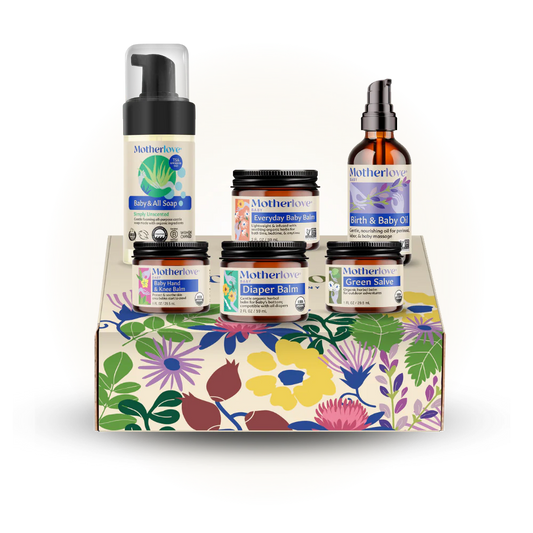 Motherlove Baby Care Gift Box with organic diaper balm, baby oil, and hand & knee balm
