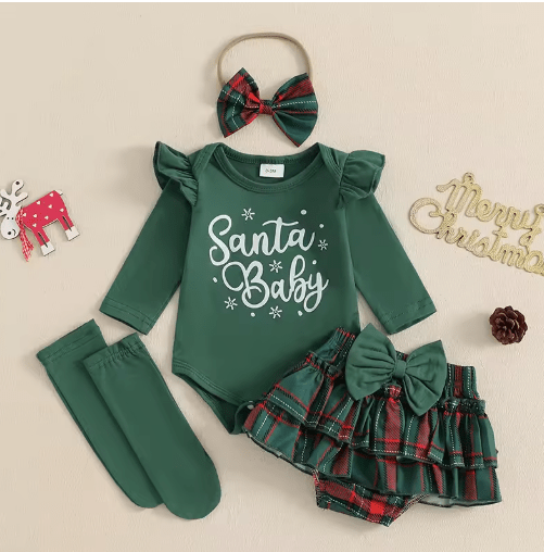Cute holiday baby outfit set with romper, shorts, headband and socks