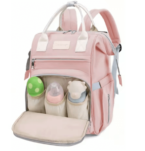 Water-resistant diaper backpack with stroller buckles and insulated pockets