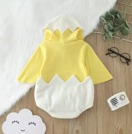 Infant baby chicken costume romper, fleece hooded animal bodysuit for boys and girls, newborn cosplay outfit for photoshoot or baby gift.